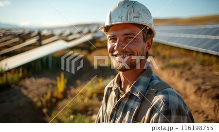 A working man in a white helmet smiles and stands against the background of solar panels 116198755