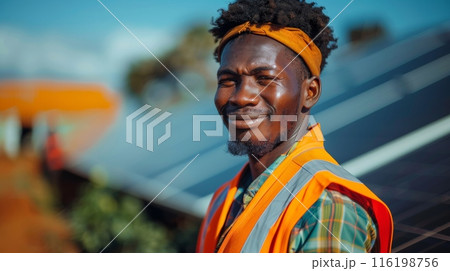 A man in an orange vest holds a solar panel in his hands and looks NOT at the camera and smiles 116198756