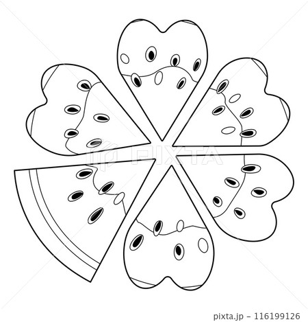 Ripe cut segmented watermelon top view heart-shaped pieces coloring page 116199126