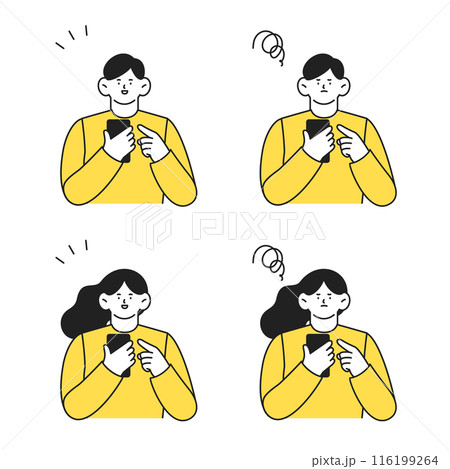 スマホを使う男性と女性 ポジティブとネガティブの2つの表情イラストセット スマホを使う男性と女性 ポジティブとネガティブの2つの表情イラストセット 116199264