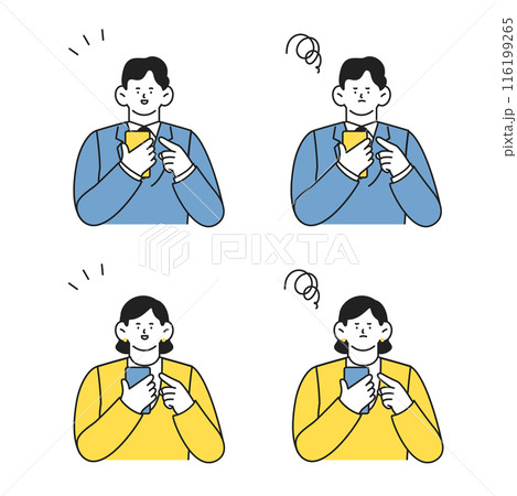 スマホを使うビジネスパーソンの男性と女性 ポジティブとネガティブの2つの表情イラストセット スマホを使うビジネスパーソンの男性と女性 ポジティブとネガティブの2つの表情イラストセット 116199265