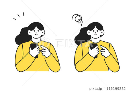 スマホを使う女性　ポジティブとネガティブの2つの表情イラストセット 116199282