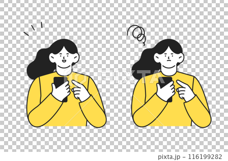 使用智慧型手機的女性，兩種面部表情，積極和消極，插圖集 116199282