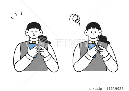 スマホを使う制服姿の女子学生　ポジティブとネガティブの2つの表情イラストセット 116199284