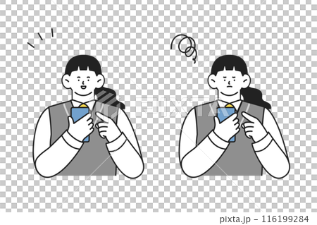 スマホを使う制服姿の女子学生　ポジティブとネガティブの2つの表情イラストセット 116199284