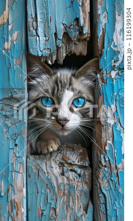 Close-Up Portrait of a Blue-Eyed Cat with White Fur and Grey Stripes Peering Through a Weathered Wooden Surface with Peeling Blue Paint 116199304