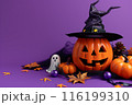 かぼちゃのランタンやお化けのモチーフを置いたハロウィン背景 116199310