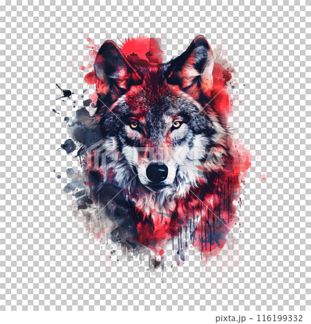 Digital artwork of a wolf's face with red and black watercolor splashes. Wildlife Animals. 116199332