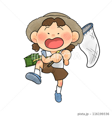 夏_虫取りをする元気な女の子のイラスト【全身】 夏_虫取りをする元気な女の子のイラスト【全身】 116199336