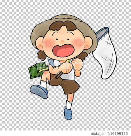 夏天_開朗的女孩捉蟲子插畫【全身】 116199336