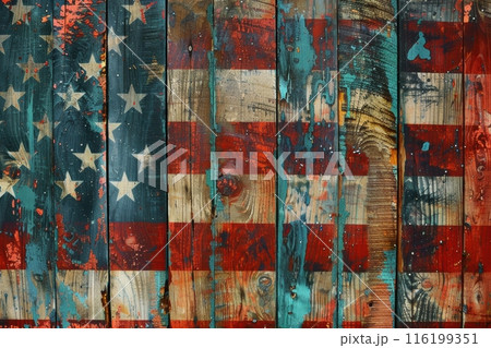 Rustic Painted American Flag on Wooden Wall: Vintage Patriotic Artwork on Weathered Wood Background 116199351