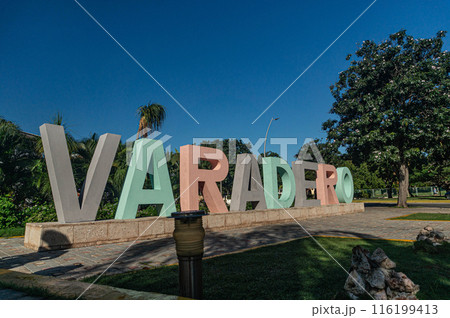 The Varadero symbol, an inscription made of large multicolored letters in the tourist area of Cuba. 116199413