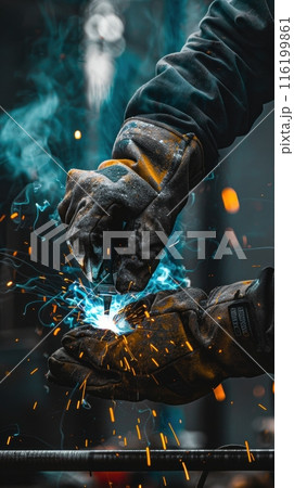 Panoramic Shot of Craftsman Welding Metal Profile with Protective Gloves Near Tools on Dark Background 116199861
