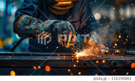 Panoramic Shot of Craftsman Welding Metal Profile with Protective Gloves Near Tools on Dark Background 116199862