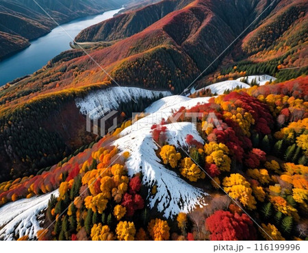 秋の深まりとともに紅色・黄色に色づく北海道の大雪山の初雪です 116199996