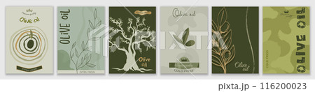 Set - template brochure cover poster or leaflet of Vegetable Olive Oil. Modern trendy graphic design with olives leaves tree and olive twigs. Editable vector Set - template brochure cover poster or leaflet of Vegetable Olive Oil. Modern trendy graphic design with olives leaves tree and olive twigs. Editable vector 116200023