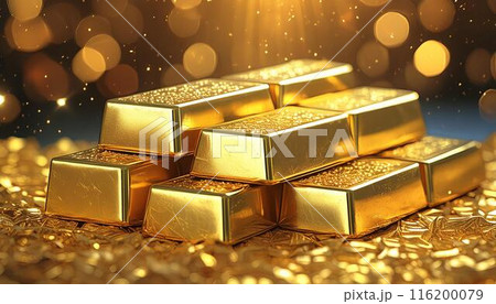 光り輝く大量の金の延べ棒_02_AI生成画像 116200079