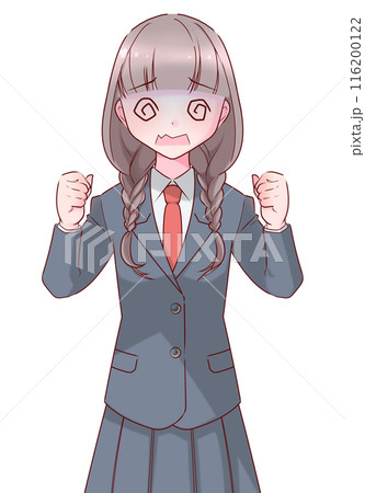 目を回しながら拳を握る制服を着た女子高生 目を回しながら拳を握る制服を着た女子高生 116200122