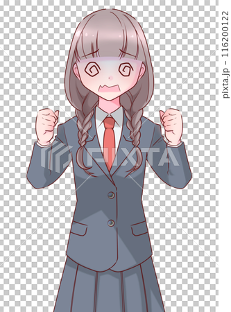 目を回しながら拳を握る制服を着た女子高生 目を回しながら拳を握る制服を着た女子高生 116200122