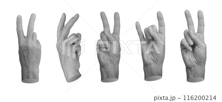 Two fingers gestures for V symbol, victory, rock horns, hand sign isolated on white background, set Two fingers gestures for V symbol, victory, rock horns, hand sign isolated on white background, set 116200214