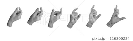 Showing size, holding big and small objects, things between thumb and index fingers, hand sign 116200224