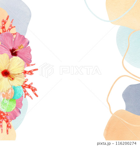 Abstract tropical beach frame made of watercolor spots. Coral, ice cream, hibiscus on isolated white background 116200274