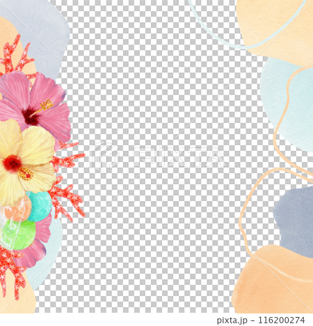 Abstract tropical beach frame made of watercolor spots. Coral, ice cream, hibiscus on isolated white background 116200274