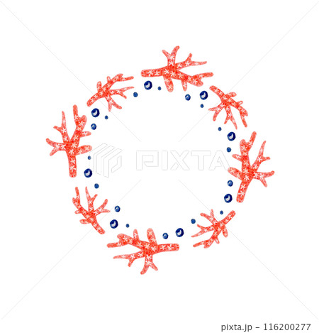 Watercolor round frame with place for text. Coral on isolated white background Watercolor round frame with place for text. Coral on isolated white background 116200277