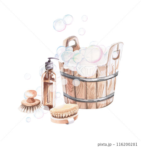 Wooden bucket with foam, dispenser and brushes in watercolor illustration on a white background. Hand drawn illustration of a set for advertising spas, baths, saunas, beauty salons 116200281