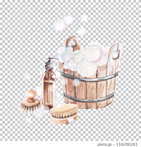 Wooden bucket with foam, dispenser and brushes in watercolor illustration on a white background. Hand drawn illustration of a set for advertising spas, baths, saunas, beauty salons 116200281