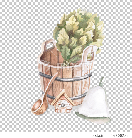 Oak broom, wooden spoon, bath cap, thermometer in watercolor illustration on a white background. Hand-drawn illustration for advertising spas, baths, saunas, beauty salons Oak broom, wooden spoon, bath cap, thermometer in watercolor illustration on a white background. Hand-drawn illustration for advertising spas, baths, saunas, beauty salons 116200282