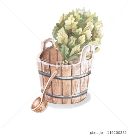 Oak broom, bucket, wooden spoon in watercolor illustration on a white background. Hand-drawn illustration of a bouquet of oak and a tub and a ladle for advertising spas, baths, saunas, beauty salons Oak broom, bucket, wooden spoon in watercolor illustration on a white background. Hand-drawn illustration of a bouquet of oak and a tub and a ladle for advertising spas, baths, saunas, beauty salons 116200283