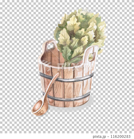Oak broom, bucket, wooden spoon in watercolor illustration on a white background. Hand-drawn illustration of a bouquet of oak and a tub and a ladle for advertising spas, baths, saunas, beauty salons Oak broom, bucket, wooden spoon in watercolor illustration on a white background. Hand-drawn illustration of a bouquet of oak and a tub and a ladle for advertising spas, baths, saunas, beauty salons 116200283