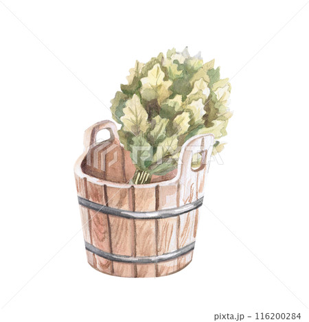 Oak broom and wooden bucket in watercolor illustration on a white background. Hand-drawn illustration of a bouquet of oak and a tub for advertising spas, baths, saunas, beauty salons Oak broom and wooden bucket in watercolor illustration on a white background. Hand-drawn illustration of a bouquet of oak and a tub for advertising spas, baths, saunas, beauty salons 116200284