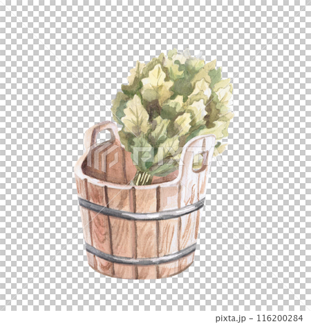 Oak broom and wooden bucket in watercolor illustration on a white background. Hand-drawn illustration of a bouquet of oak and a tub for advertising spas, baths, saunas, beauty salons Oak broom and wooden bucket in watercolor illustration on a white background. Hand-drawn illustration of a bouquet of oak and a tub for advertising spas, baths, saunas, beauty salons 116200284