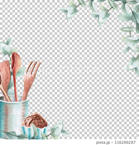 Ceramic dishes and baked goods in a square frame in a watercolor illustration on a white background. Hand-drawn illustration for kitchenware stores, recipes, invitations, master class announcements 116200287