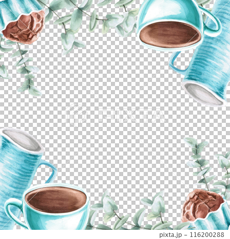 Ceramic dishes and baked goods in a square frame in a watercolor illustration on a white background. Hand-drawn illustration for kitchenware stores, recipes, invitations, master class announcements 116200288