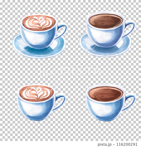 Set of cups with cappuccino and coffee in watercolor illustration on a white background. Hand drawn illustration of coffee cups for cafe, menu, cookbooks, coffee brand logo, bakery. Set of cups with cappuccino and coffee in watercolor illustration on a white background. Hand drawn illustration of coffee cups for cafe, menu, cookbooks, coffee brand logo, bakery. 116200291
