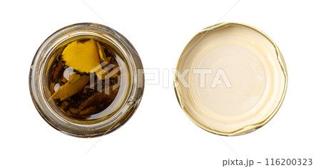 Truffle Slices Jar Isolated, Tuber Melanosporum Mushroom Pieces in Oil, Canned Black Truffle Truffle Slices Jar Isolated, Tuber Melanosporum Mushroom Pieces in Oil, Canned Black Truffle 116200323