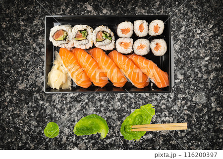 Top View Sushi Mockup, Sushi Rolls Template, Susi with Rice and Raw Fish Banner, Asian Food 116200397