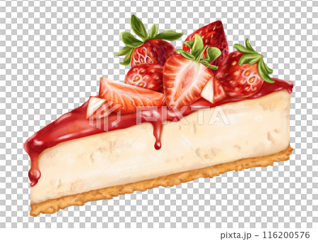 Cheesecake with berry topping decorated with pieces of fresh strawberries. A piece of birthday cake with jam. Sweet pastry dessert, homemade pastries, coffee shop food. Digital isolated illustration 116200576