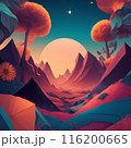 Fantasy landscape with mountains, sun and clouds. 3d illustration 116200665