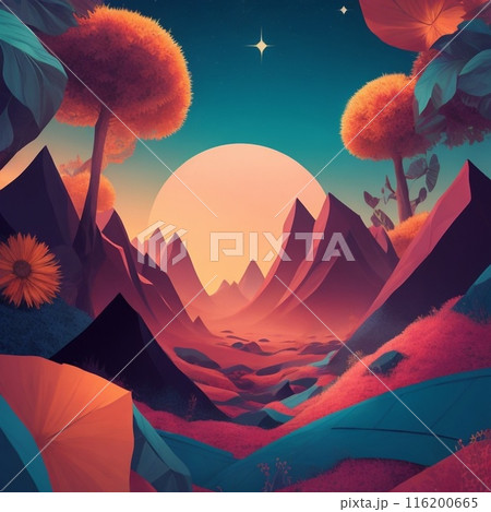 Fantasy landscape with mountains, sun and clouds. 3d illustration 116200665