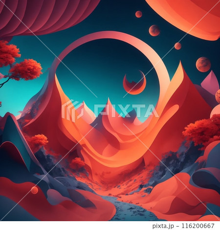 Fantasy landscape with mountains and red planet Fantasy landscape with mountains and red planet 116200667