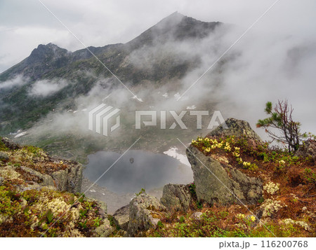 beautiful landscape of a glacial lake below in a mountain valley 116200768