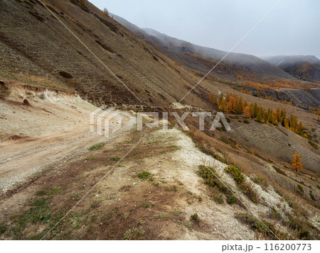 Empty dangerous narrow cliffside mountain road. 116200773