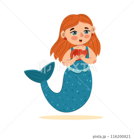 Cute mermaid girl with a shell in her hands, magical child 116200821