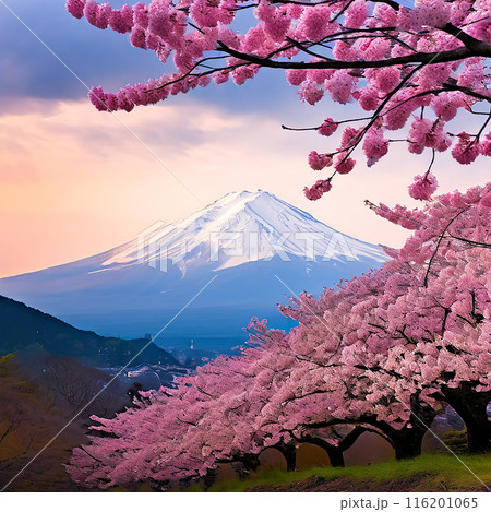 Japan's Spring Canvas: Fuji Mountain and Cherry Blossoms 116201065