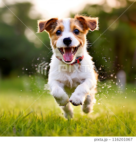 Joyous Pup: Playful Dog Running and Jumping in the Grass 116201067