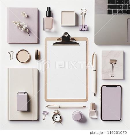 Stylish Stationery: Lilac Accents in a Minimalistic Workspace 116201070